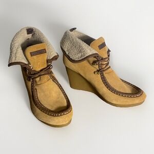Tommy Hilfiger Zaria Platform Wedge Boots Women's 8.5‎ Tan Suede Sherpa Lined
